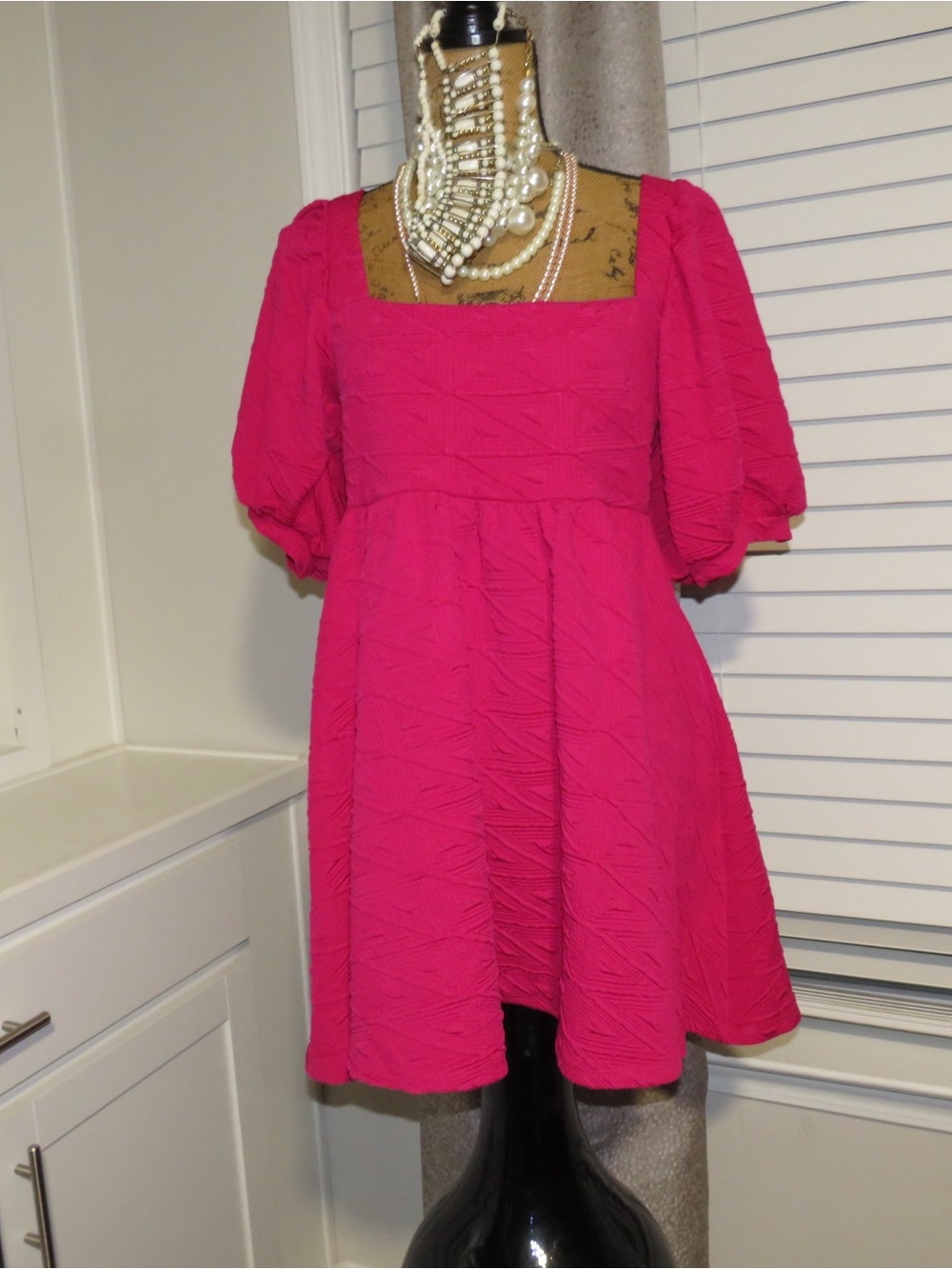 Free People Hot Pink Textured Puff-Sleeve Mini Dress